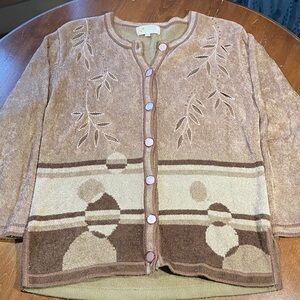 Chic Beige Browns Dots Leaves embroidered knitted Cardigan pink buttons